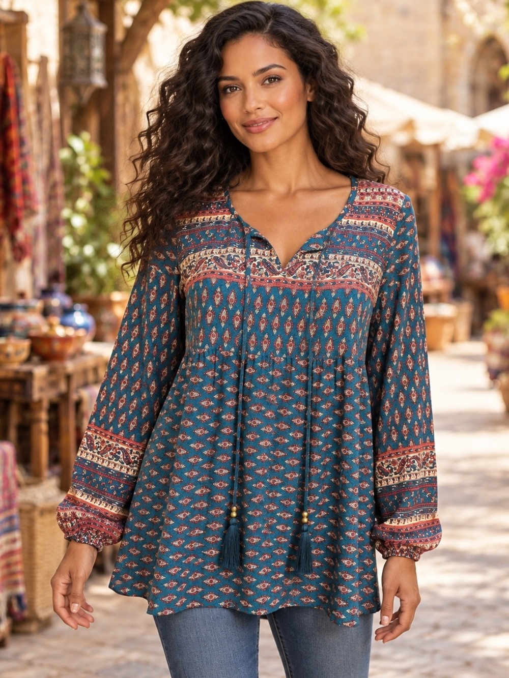 Teal & Rust Paisley Tassel-Tie Peasant Tunic – Long Sleeve Boho Blouse